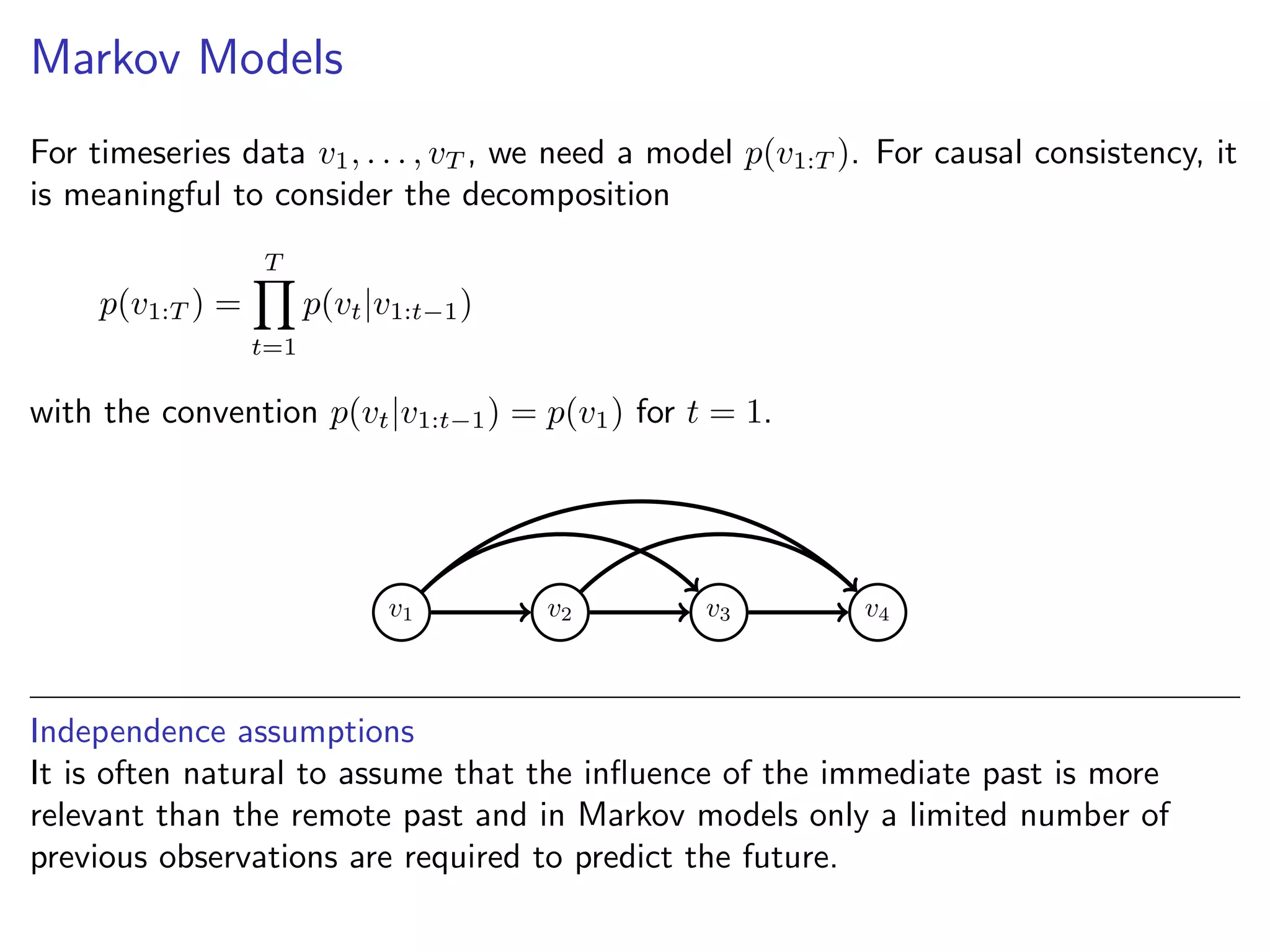 Markov Models
For timeseries data v1, . . . , vT , we need a model p(v1:T ). For causal consistency, it
is meaningful to consider the decomposition
p(v1:T ) =
T
t=1
p(vt|v1:t−1)
with the convention p(vt|v1:t−1) = p(v1) for t = 1.
v1 v2 v3 v4
Independence assumptions
It is often natural to assume that the inﬂuence of the immediate past is more
relevant than the remote past and in Markov models only a limited number of
previous observations are required to predict the future.
 