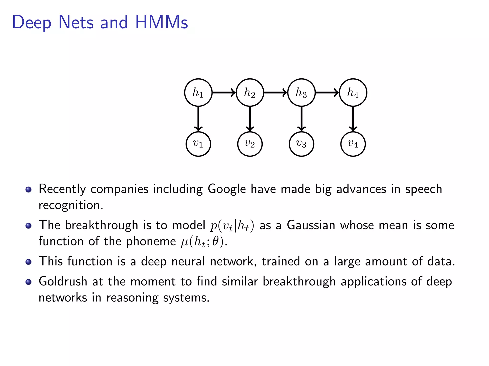 Deep Nets and HMMs
h1 h2 h3 h4
v1 v2 v3 v4
Recently companies including Google have made big advances in speech
recognition.
The breakthrough is to model p(vt|ht) as a Gaussian whose mean is some
function of the phoneme µ(ht; θ).
This function is a deep neural network, trained on a large amount of data.
Goldrush at the moment to ﬁnd similar breakthrough applications of deep
networks in reasoning systems.
 