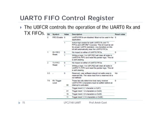 UART0 FIFO Control Register
    The U0FCR controls the operation of the UART0 Rx and
     TX FIFOs.




    15                LPC2148 UART   Prof. Anish Goel
 