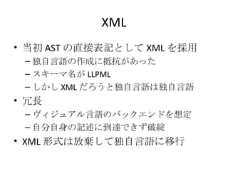 XML 当初 AST の直接表記として XML を採用 独自言語の作成に抵抗があった スキーマ名が LLPML しかし XML だろうと独自言語は独自言語 冗長 ヴィジュアル言語のバックエンドを想定 自分自身の記述に到達できず破綻 XML 形式は放棄して独自言語に移行 