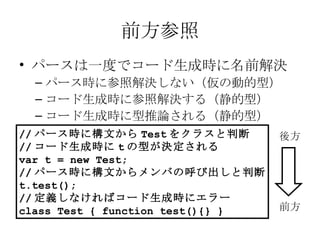 前方参照 パースは一度でコード生成時に名前解決 パース時に参照解決しない（仮の動的型） コード生成時に参照解決する（静的型） コード生成時に型推論される（静的型） // パース時に構文から Test をクラスと判断 // コード生成時に t の型が決定される var t = new Test; // パース時に構文からメンバの呼び出しと判断 t.test(); // 定義しなければコード生成時にエラー class Test { function test(){} } 前方 後方 