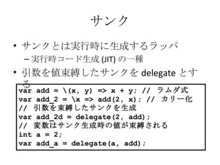 サンク サンクとは実行時に生成するラッパ 実行時コード生成 (JIT) の一種 引数を値束縛したサンクを delegate とする var add = \(x, y) => x + y; //  ラムダ式 var add_2 = \x => add(2, x); //  カリー化 //  引数を束縛したサンクを生成 var add_2d = delegate(2, add); //  変数はサンク生成時の値が束縛される int a = 2; var add_a = delegate(a, add); 