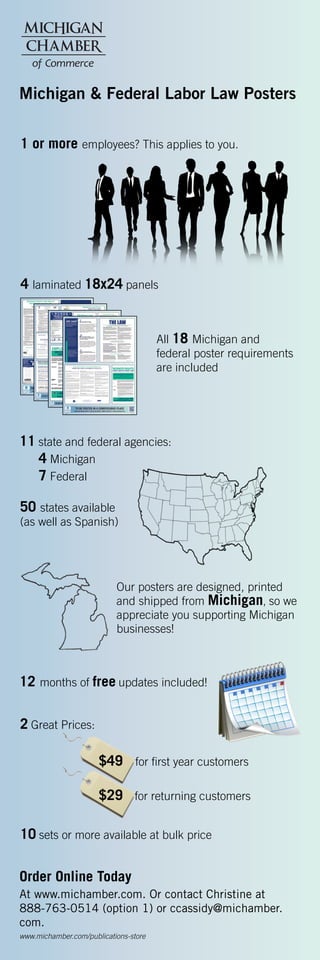Michigan & Federal Labor Law Posters
Order Online Today
At www.michamber.com. Or contact Christine at
888-763-0514 (option 1) or ccassidy@michamber.
com.
www.michamber.com/publications-store
2 Great Prices:
All 18 Michigan and
federal poster requirements
are included
4 laminated 18x24 panels
1 or more employees? This applies to you.
12 months of free updates included!
10 sets or more available at bulk price
June 2015
TO BE POSTED IN A CONSPICUOUS PLACE
600 South Walnut Street • Lansing, MI 48933 • (888) 763-0514 • www.michamber.com Scan to see if your
posters are up-to-date
Panel #1
June 2015
TO BE POSTED IN A CONSPICUOUS PLACE
600 South Walnut Street • Lansing, MI 48933
(888) 763-0514 • www.michamber.com
Panel #2
June 2015
TO BE POSTED IN A CONSPICUOUS PLACE Scan to see if your posters
are up-to-date
600 South Walnut Street • Lansing, MI 48933
(888) 763-0514 • www.michamber.com
Panel #3
June 2015
Scan to see if your posters
are up-to-date
Scan to see if your
posters are up-to-date
TO BE POSTED IN A CONSPICUOUS PLACE
600 South Walnut Street • Lansing, MI 48933 • (888) 763-0514 • www.michamber.com
EMPLOYEE RIGHTS AND RESPONSIBILITIES
UNDER THE FAMILY AND MEDICAL LEAVE ACT
Basic Leave Entitlement
FMLA requires covered employers to provide up to 12 weeks of unpaid,
job-protected leave to eligible employees for the following reasons:
• for incapacity due to pregnancy, prenatal medical care or child birth;
• to care for the employee’s child after birth, or placement for adoption
or foster care;
• to care for the employee’s spouse, son, daughter or parent, who has
a serious health condition; or
• for a serious health condition that makes the employee unable to
perform the employee’s job.
Military Family Leave Entitlements
Eligible employees whose spouse, son, daughter or parent is on covered
active duty or call to covered active duty status may use their 12-week
leave entitlement to address certain qualifying exigencies. Qualifying
exigencies may include attending certain military events, arranging for
alternative childcare, addressing certain financial and legal arrangements,
attending certain counseling sessions, and attending post-deployment
reintegration briefings.
FMLA also includes a special leave entitlement that permits eligible
employees to take up to 26 weeks of leave to care for a covered service-
member during a single 12-month period. A covered servicemember is:
(1) a current member of the Armed Forces, including a member of the
National Guard or Reserves, who is undergoing medical treatment,
recuperation or therapy, is otherwise in outpatient status, or is otherwise
on the temporary disability retired list, for a serious injury or illness*;
or (2) a veteran who was discharged or released under conditions other
than dishonorable at any time during the five-year period prior to the
first date the eligible employee takes FMLA leave to care for the covered
veteran, and who is undergoing medical treatment, recuperation, or
therapy for a serious injury or illness.*
*The FMLA definitions of “serious injury or illness” for
current servicemembers and veterans are distinct from
the FMLA definition of “serious health condition”.
Benefits and Protections
During FMLA leave, the employer must maintain the employee’s health
coverage under any “group health plan” on the same terms as if the
employee had continued to work. Upon return from FMLA leave, most
employees must be restored to their original or equivalent positions
with equivalent pay, benefits, and other employment terms.
Use of FMLA leave cannot result in the loss of any employment benefit
that accrued prior to the start of an employee’s leave.
Eligibility Requirements
Employees are eligible if they have worked for a covered employer for at
least 12 months, have 1,250 hours of service in the previous 12 months*,
and if at least 50 employees are employed by the employer within 75 miles.
*Special hours of service eligibility requirements apply to
airline flight crew employees.
Definition of Serious Health Condition
A serious health condition is an illness, injury, impairment, or physical
or mental condition that involves either an overnight stay in a medical
care facility, or continuing treatment by a health care provider for a
condition that either prevents the employee from performing the functions
of the employee’s job, or prevents the qualified family member from
participating in school or other daily activities.
Subject to certain conditions, the continuing treatment requirement may
be met by a period of incapacity of more than 3 consecutive calendar days
combined with at least two visits to a health care provider or one visit and
a regimen of continuing treatment, or incapacity due to pregnancy, or
incapacity due to a chronic condition. Other conditions may meet the
definition of continuing treatment.
Use of Leave
An employee does not need to use this leave entitlement in one block.
Leave can be taken intermittently or on a reduced leave schedule when
medically necessary. Employees must make reasonable efforts to schedule
leave for planned medical treatment so as not to unduly disrupt the
employer’s operations. Leave due to qualifying exigencies may also be
taken on an intermittent basis.
Substitution of Paid Leave for Unpaid Leave
Employees may choose or employers may require use of accrued paid
leave while taking FMLA leave. In order to use paid leave for FMLA
leave, employees must comply with the employer’s normal paid leave
policies.
Employee Responsibilities
Employees must provide 30 days advance notice of the need to take
FMLA leave when the need is foreseeable. When 30 days notice is not
possible, the employee must provide notice as soon as practicable and
generally must comply with an employer’s normal call-in procedures.
Employees must provide sufficient information for the employer to determine
if the leave may qualify for FMLA protection and the anticipated timing
and duration of the leave. Sufficient information may include that the
employee is unable to perform job functions, the family member is unable
to perform daily activities, the need for hospitalization or continuing
treatment by a health care provider, or circumstances supporting the need
for military family leave. Employees also must inform the employer if
the requested leave is for a reason for which FMLA leave was previously
taken or certified. Employees also may be required to provide a certification
and periodic recertification supporting the need for leave.
Employer Responsibilities
Covered employers must inform employees requesting leave whether
they are eligible under FMLA. If they are, the notice must specify any
additional information required as well as the employees’ rights and
responsibilities. If they are not eligible, the employer must provide a
reason for the ineligibility.
Covered employers must inform employees if leave will be designated
as FMLA-protected and the amount of leave counted against the employee’s
leave entitlement. If the employer determines that the leave is not
FMLA-protected, the employer must notify the employee.
Unlawful Acts by Employers
FMLA makes it unlawful for any employer to:
• interfere with, restrain, or deny the exercise of any right provided
under FMLA; and
• discharge or discriminate against any person for opposing any practice
made unlawful by FMLA or for involvement in any proceeding under
or relating to FMLA.
Enforcement
An employee may file a complaint with the U.S. Department of Labor
or may bring a private lawsuit against an employer.
FMLA does not affect any Federal or State law prohibiting discrimination,
or supersede any State or local law or collective bargaining agreement
which provides greater family or medical leave rights.
FMLA section 109 (29 U.S.C. § 2619) requires FMLA
covered employers to post the text of this notice. Regulation
29 C.F.R. § 825.300(a) may require additional disclosures.
For additional information:
1-866-4US-WAGE (1-866-487-9243) TTY: 1-877-889-5627
WWW.WAGEHOUR.DOL.GOV
U.S. Department of Labor Wage and Hour Division
WHD Publication 1420 · Revised February 2013
EMPLOYEE RIGHTS AND RESPONSIBILITIES
UNDER THE FAMILY AND MEDICAL LEAVE ACT
Basic Leave Entitlement
FMLA requires covered employers to provide up to 12 weeks of unpaid,
job-protected leave to eligible employees for the following reasons:
• for incapacity due to pregnancy, prenatal medical care or child birth;
• to care for the employee’s child after birth, or placement for adoption
or foster care;
• to care for the employee’s spouse, son, daughter or parent, who has
a serious health condition; or
• for a serious health condition that makes the employee unable to
perform the employee’s job.
Military Family Leave Entitlements
Eligible employees whose spouse, son, daughter or parent is on covered
active duty or call to covered active duty status may use their 12-week
leave entitlement to address certain qualifying exigencies. Qualifying
exigencies may include attending certain military events, arranging for
alternative childcare, addressing certain financial and legal arrangements,
attending certain counseling sessions, and attending post-deployment
reintegration briefings.
FMLA also includes a special leave entitlement that permits eligible
employees to take up to 26 weeks of leave to care for a covered service-
member during a single 12-month period. A covered servicemember is:
(1) a current member of the Armed Forces, including a member of the
National Guard or Reserves, who is undergoing medical treatment,
recuperation or therapy, is otherwise in outpatient status, or is otherwise
on the temporary disability retired list, for a serious injury or illness*;
or (2) a veteran who was discharged or released under conditions other
than dishonorable at any time during the five-year period prior to the
first date the eligible employee takes FMLA leave to care for the covered
veteran, and who is undergoing medical treatment, recuperation, or
therapy for a serious injury or illness.*
*The FMLA definitions of “serious injury or illness” for
current servicemembers and veterans are distinct from
the FMLA definition of “serious health condition”.
Benefits and Protections
During FMLA leave, the employer must maintain the employee’s health
coverage under any “group health plan” on the same terms as if the
employee had continued to work. Upon return from FMLA leave, most
employees must be restored to their original or equivalent positions
with equivalent pay, benefits, and other employment terms.
Use of FMLA leave cannot result in the loss of any employment benefit
that accrued prior to the start of an employee’s leave.
Eligibility Requirements
Employees are eligible if they have worked for a covered employer for at
least 12 months, have 1,250 hours of service in the previous 12 months*,
and if at least 50 employees are employed by the employer within 75 miles.
*Special hours of service eligibility requirements apply to
airline flight crew employees.
Definition of Serious Health Condition
A serious health condition is an illness, injury, impairment, or physical
or mental condition that involves either an overnight stay in a medical
care facility, or continuing treatment by a health care provider for a
condition that either prevents the employee from performing the functions
of the employee’s job, or prevents the qualified family member from
participating in school or other daily activities.
Subject to certain conditions, the continuing treatment requirement may
be met by a period of incapacity of more than 3 consecutive calendar days
combined with at least two visits to a health care provider or one visit and
a regimen of continuing treatment, or incapacity due to pregnancy, or
incapacity due to a chronic condition. Other conditions may meet the
definition of continuing treatment.
Use of Leave
An employee does not need to use this leave entitlement in one block.
Leave can be taken intermittently or on a reduced leave schedule when
medically necessary. Employees must make reasonable efforts to schedule
leave for planned medical treatment so as not to unduly disrupt the
employer’s operations. Leave due to qualifying exigencies may also be
taken on an intermittent basis.
Substitution of Paid Leave for Unpaid Leave
Employees may choose or employers may require use of accrued paid
leave while taking FMLA leave. In order to use paid leave for FMLA
leave, employees must comply with the employer’s normal paid leave
policies.
Employee Responsibilities
Employees must provide 30 days advance notice of the need to take
FMLA leave when the need is foreseeable. When 30 days notice is not
possible, the employee must provide notice as soon as practicable and
generally must comply with an employer’s normal call-in procedures.
Employees must provide sufficient information for the employer to determine
if the leave may qualify for FMLA protection and the anticipated timing
and duration of the leave. Sufficient information may include that the
employee is unable to perform job functions, the family member is unable
to perform daily activities, the need for hospitalization or continuing
treatment by a health care provider, or circumstances supporting the need
for military family leave. Employees also must inform the employer if
the requested leave is for a reason for which FMLA leave was previously
taken or certified. Employees also may be required to provide a certification
and periodic recertification supporting the need for leave.
Employer Responsibilities
Covered employers must inform employees requesting leave whether
they are eligible under FMLA. If they are, the notice must specify any
additional information required as well as the employees’ rights and
responsibilities. If they are not eligible, the employer must provide a
reason for the ineligibility.
Covered employers must inform employees if leave will be designated
as FMLA-protected and the amount of leave counted against the employee’s
leave entitlement. If the employer determines that the leave is not
FMLA-protected, the employer must notify the employee.
Unlawful Acts by Employers
FMLA makes it unlawful for any employer to:
• interfere with, restrain, or deny the exercise of any right provided
under FMLA; and
• discharge or discriminate against any person for opposing any practice
made unlawful by FMLA or for involvement in any proceeding under
or relating to FMLA.
Enforcement
An employee may file a complaint with the U.S. Department of Labor
or may bring a private lawsuit against an employer.
FMLA does not affect any Federal or State law prohibiting discrimination,
or supersede any State or local law or collective bargaining agreement
which provides greater family or medical leave rights.
FMLA section 109 (29 U.S.C. § 2619) requires FMLA
covered employers to post the text of this notice. Regulation
29 C.F.R. § 825.300(a) may require additional disclosures.
For additional information:
1-866-4US-WAGE (1-866-487-9243) TTY: 1-877-889-5627
WWW.WAGEHOUR.DOL.GOV
U.S. Department of Labor Wage and Hour Division
WHD Publication 1420 · Revised February 2013
EMPLOYEE RIGHTS AND RESPONSIBILITIES
UNDER THE FAMILY AND MEDICAL LEAVE ACT
Basic Leave Entitlement
FMLA requires covered employers to provide up to 12 weeks of unpaid,
job-protected leave to eligible employees for the following reasons:
• for incapacity due to pregnancy, prenatal medical care or child birth;
• to care for the employee’s child after birth, or placement for adoption
or foster care;
• to care for the employee’s spouse, son, daughter or parent, who has
a serious health condition; or
• for a serious health condition that makes the employee unable to
perform the employee’s job.
Military Family Leave Entitlements
Eligible employees whose spouse, son, daughter or parent is on covered
active duty or call to covered active duty status may use their 12-week
leave entitlement to address certain qualifying exigencies. Qualifying
exigencies may include attending certain military events, arranging for
alternative childcare, addressing certain financial and legal arrangements,
attending certain counseling sessions, and attending post-deployment
reintegration briefings.
FMLA also includes a special leave entitlement that permits eligible
employees to take up to 26 weeks of leave to care for a covered service-
member during a single 12-month period. A covered servicemember is:
(1) a current member of the Armed Forces, including a member of the
National Guard or Reserves, who is undergoing medical treatment,
recuperation or therapy, is otherwise in outpatient status, or is otherwise
on the temporary disability retired list, for a serious injury or illness*;
or (2) a veteran who was discharged or released under conditions other
than dishonorable at any time during the five-year period prior to the
first date the eligible employee takes FMLA leave to care for the covered
veteran, and who is undergoing medical treatment, recuperation, or
therapy for a serious injury or illness.*
*The FMLA definitions of “serious injury or illness” for
current servicemembers and veterans are distinct from
the FMLA definition of “serious health condition”.
Benefits and Protections
During FMLA leave, the employer must maintain the employee’s health
coverage under any “group health plan” on the same terms as if the
employee had continued to work. Upon return from FMLA leave, most
employees must be restored to their original or equivalent positions
with equivalent pay, benefits, and other employment terms.
Use of FMLA leave cannot result in the loss of any employment benefit
that accrued prior to the start of an employee’s leave.
Eligibility Requirements
Employees are eligible if they have worked for a covered employer for at
least 12 months, have 1,250 hours of service in the previous 12 months*,
and if at least 50 employees are employed by the employer within 75 miles.
*Special hours of service eligibility requirements apply to
airline flight crew employees.
Definition of Serious Health Condition
A serious health condition is an illness, injury, impairment, or physical
or mental condition that involves either an overnight stay in a medical
care facility, or continuing treatment by a health care provider for a
condition that either prevents the employee from performing the functions
of the employee’s job, or prevents the qualified family member from
participating in school or other daily activities.
Subject to certain conditions, the continuing treatment requirement may
be met by a period of incapacity of more than 3 consecutive calendar days
combined with at least two visits to a health care provider or one visit and
a regimen of continuing treatment, or incapacity due to pregnancy, or
incapacity due to a chronic condition. Other conditions may meet the
definition of continuing treatment.
Use of Leave
An employee does not need to use this leave entitlement in one block.
Leave can be taken intermittently or on a reduced leave schedule when
medically necessary. Employees must make reasonable efforts to schedule
leave for planned medical treatment so as not to unduly disrupt the
employer’s operations. Leave due to qualifying exigencies may also be
taken on an intermittent basis.
Substitution of Paid Leave for Unpaid Leave
Employees may choose or employers may require use of accrued paid
leave while taking FMLA leave. In order to use paid leave for FMLA
leave, employees must comply with the employer’s normal paid leave
policies.
Employee Responsibilities
Employees must provide 30 days advance notice of the need to take
FMLA leave when the need is foreseeable. When 30 days notice is not
possible, the employee must provide notice as soon as practicable and
generally must comply with an employer’s normal call-in procedures.
Employees must provide sufficient information for the employer to determine
if the leave may qualify for FMLA protection and the anticipated timing
and duration of the leave. Sufficient information may include that the
employee is unable to perform job functions, the family member is unable
to perform daily activities, the need for hospitalization or continuing
treatment by a health care provider, or circumstances supporting the need
for military family leave. Employees also must inform the employer if
the requested leave is for a reason for which FMLA leave was previously
taken or certified. Employees also may be required to provide a certification
and periodic recertification supporting the need for leave.
Employer Responsibilities
Covered employers must inform employees requesting leave whether
they are eligible under FMLA. If they are, the notice must specify any
additional information required as well as the employees’ rights and
responsibilities. If they are not eligible, the employer must provide a
reason for the ineligibility.
Covered employers must inform employees if leave will be designated
as FMLA-protected and the amount of leave counted against the employee’s
leave entitlement. If the employer determines that the leave is not
FMLA-protected, the employer must notify the employee.
Unlawful Acts by Employers
FMLA makes it unlawful for any employer to:
• interfere with, restrain, or deny the exercise of any right provided
under FMLA; and
• discharge or discriminate against any person for opposing any practice
made unlawful by FMLA or for involvement in any proceeding under
or relating to FMLA.
Enforcement
An employee may file a complaint with the U.S. Department of Labor
or may bring a private lawsuit against an employer.
FMLA does not affect any Federal or State law prohibiting discrimination,
or supersede any State or local law or collective bargaining agreement
which provides greater family or medical leave rights.
FMLA section 109 (29 U.S.C. § 2619) requires FMLA
covered employers to post the text of this notice. Regulation
29 C.F.R. § 825.300(a) may require additional disclosures.
For additional information:
1-866-4US-WAGE (1-866-487-9243) TTY: 1-877-889-5627
WWW.WAGEHOUR.DOL.GOV
U.S. Department of Labor Wage and Hour Division
WHD Publication 1420 · Revised February 2013
EMPLOYEE RIGHTS AND RESPONSIBILITIES
UNDER THE FAMILY AND MEDICAL LEAVE ACT
Basic Leave Entitlement
FMLA requires covered employers to provide up to 12 weeks of unpaid,
job-protected leave to eligible employees for the following reasons:
• for incapacity due to pregnancy, prenatal medical care or child birth;
• to care for the employee’s child after birth, or placement for adoption
or foster care;
• to care for the employee’s spouse, son, daughter or parent, who has
a serious health condition; or
• for a serious health condition that makes the employee unable to
perform the employee’s job.
Military Family Leave Entitlements
Eligible employees whose spouse, son, daughter or parent is on covered
active duty or call to covered active duty status may use their 12-week
leave entitlement to address certain qualifying exigencies. Qualifying
exigencies may include attending certain military events, arranging for
alternative childcare, addressing certain financial and legal arrangements,
attending certain counseling sessions, and attending post-deployment
reintegration briefings.
FMLA also includes a special leave entitlement that permits eligible
employees to take up to 26 weeks of leave to care for a covered service-
member during a single 12-month period. A covered servicemember is:
(1) a current member of the Armed Forces, including a member of the
National Guard or Reserves, who is undergoing medical treatment,
recuperation or therapy, is otherwise in outpatient status, or is otherwise
on the temporary disability retired list, for a serious injury or illness*;
or (2) a veteran who was discharged or released under conditions other
than dishonorable at any time during the five-year period prior to the
first date the eligible employee takes FMLA leave to care for the covered
veteran, and who is undergoing medical treatment, recuperation, or
therapy for a serious injury or illness.*
*The FMLA definitions of “serious injury or illness” for
current servicemembers and veterans are distinct from
the FMLA definition of “serious health condition”.
Benefits and Protections
During FMLA leave, the employer must maintain the employee’s health
coverage under any “group health plan” on the same terms as if the
employee had continued to work. Upon return from FMLA leave, most
employees must be restored to their original or equivalent positions
with equivalent pay, benefits, and other employment terms.
Use of FMLA leave cannot result in the loss of any employment benefit
that accrued prior to the start of an employee’s leave.
Eligibility Requirements
Employees are eligible if they have worked for a covered employer for at
least 12 months, have 1,250 hours of service in the previous 12 months*,
and if at least 50 employees are employed by the employer within 75 miles.
*Special hours of service eligibility requirements apply to
airline flight crew employees.
Definition of Serious Health Condition
A serious health condition is an illness, injury, impairment, or physical
or mental condition that involves either an overnight stay in a medical
care facility, or continuing treatment by a health care provider for a
condition that either prevents the employee from performing the functions
of the employee’s job, or prevents the qualified family member from
participating in school or other daily activities.
Subject to certain conditions, the continuing treatment requirement may
be met by a period of incapacity of more than 3 consecutive calendar days
combined with at least two visits to a health care provider or one visit and
a regimen of continuing treatment, or incapacity due to pregnancy, or
incapacity due to a chronic condition. Other conditions may meet the
definition of continuing treatment.
Use of Leave
An employee does not need to use this leave entitlement in one block.
Leave can be taken intermittently or on a reduced leave schedule when
medically necessary. Employees must make reasonable efforts to schedule
leave for planned medical treatment so as not to unduly disrupt the
employer’s operations. Leave due to qualifying exigencies may also be
taken on an intermittent basis.
Substitution of Paid Leave for Unpaid Leave
Employees may choose or employers may require use of accrued paid
leave while taking FMLA leave. In order to use paid leave for FMLA
leave, employees must comply with the employer’s normal paid leave
policies.
Employee Responsibilities
Employees must provide 30 days advance notice of the need to take
FMLA leave when the need is foreseeable. When 30 days notice is not
possible, the employee must provide notice as soon as practicable and
generally must comply with an employer’s normal call-in procedures.
Employees must provide sufficient information for the employer to determine
if the leave may qualify for FMLA protection and the anticipated timing
and duration of the leave. Sufficient information may include that the
employee is unable to perform job functions, the family member is unable
to perform daily activities, the need for hospitalization or continuing
treatment by a health care provider, or circumstances supporting the need
for military family leave. Employees also must inform the employer if
the requested leave is for a reason for which FMLA leave was previously
taken or certified. Employees also may be required to provide a certification
and periodic recertification supporting the need for leave.
Employer Responsibilities
Covered employers must inform employees requesting leave whether
they are eligible under FMLA. If they are, the notice must specify any
additional information required as well as the employees’ rights and
responsibilities. If they are not eligible, the employer must provide a
reason for the ineligibility.
Covered employers must inform employees if leave will be designated
as FMLA-protected and the amount of leave counted against the employee’s
leave entitlement. If the employer determines that the leave is not
FMLA-protected, the employer must notify the employee.
Unlawful Acts by Employers
FMLA makes it unlawful for any employer to:
• interfere with, restrain, or deny the exercise of any right provided
under FMLA; and
• discharge or discriminate against any person for opposing any practice
made unlawful by FMLA or for involvement in any proceeding under
or relating to FMLA.
Enforcement
An employee may file a complaint with the U.S. Department of Labor
or may bring a private lawsuit against an employer.
FMLA does not affect any Federal or State law prohibiting discrimination,
or supersede any State or local law or collective bargaining agreement
which provides greater family or medical leave rights.
FMLA section 109 (29 U.S.C. § 2619) requires FMLA
covered employers to post the text of this notice. Regulation
29 C.F.R. § 825.300(a) may require additional disclosures.
For additional information:
1-866-4US-WAGE (1-866-487-9243) TTY: 1-877-889-5627
WWW.WAGEHOUR.DOL.GOV
U.S. Department of Labor Wage and Hour Division
WHD Publication 1420 · Revised February 2013
EMPLOYEE RIGHTS AND RESPONSIBILITIES
UNDER THE FAMILY AND MEDICAL LEAVE ACT
Basic Leave Entitlement
FMLA requires covered employers to provide up to 12 weeks of unpaid,
job-protected leave to eligible employees for the following reasons:
• for incapacity due to pregnancy, prenatal medical care or child birth;
• to care for the employee’s child after birth, or placement for adoption
or foster care;
• to care for the employee’s spouse, son, daughter or parent, who has
a serious health condition; or
• for a serious health condition that makes the employee unable to
perform the employee’s job.
Military Family Leave Entitlements
Eligible employees whose spouse, son, daughter or parent is on covered
active duty or call to covered active duty status may use their 12-week
leave entitlement to address certain qualifying exigencies. Qualifying
exigencies may include attending certain military events, arranging for
alternative childcare, addressing certain financial and legal arrangements,
attending certain counseling sessions, and attending post-deployment
reintegration briefings.
FMLA also includes a special leave entitlement that permits eligible
employees to take up to 26 weeks of leave to care for a covered service-
member during a single 12-month period. A covered servicemember is:
(1) a current member of the Armed Forces, including a member of the
National Guard or Reserves, who is undergoing medical treatment,
recuperation or therapy, is otherwise in outpatient status, or is otherwise
on the temporary disability retired list, for a serious injury or illness*;
or (2) a veteran who was discharged or released under conditions other
than dishonorable at any time during the five-year period prior to the
first date the eligible employee takes FMLA leave to care for the covered
veteran, and who is undergoing medical treatment, recuperation, or
therapy for a serious injury or illness.*
*The FMLA definitions of “serious injury or illness” for
current servicemembers and veterans are distinct from
the FMLA definition of “serious health condition”.
Benefits and Protections
During FMLA leave, the employer must maintain the employee’s health
coverage under any “group health plan” on the same terms as if the
employee had continued to work. Upon return from FMLA leave, most
employees must be restored to their original or equivalent positions
with equivalent pay, benefits, and other employment terms.
Use of FMLA leave cannot result in the loss of any employment benefit
that accrued prior to the start of an employee’s leave.
Eligibility Requirements
Employees are eligible if they have worked for a covered employer for at
least 12 months, have 1,250 hours of service in the previous 12 months*,
and if at least 50 employees are employed by the employer within 75 miles.
*Special hours of service eligibility requirements apply to
airline flight crew employees.
Definition of Serious Health Condition
A serious health condition is an illness, injury, impairment, or physical
or mental condition that involves either an overnight stay in a medical
care facility, or continuing treatment by a health care provider for a
condition that either prevents the employee from performing the functions
of the employee’s job, or prevents the qualified family member from
participating in school or other daily activities.
Subject to certain conditions, the continuing treatment requirement may
be met by a period of incapacity of more than 3 consecutive calendar days
combined with at least two visits to a health care provider or one visit and
a regimen of continuing treatment, or incapacity due to pregnancy, or
incapacity due to a chronic condition. Other conditions may meet the
definition of continuing treatment.
Use of Leave
An employee does not need to use this leave entitlement in one block.
Leave can be taken intermittently or on a reduced leave schedule when
medically necessary. Employees must make reasonable efforts to schedule
leave for planned medical treatment so as not to unduly disrupt the
employer’s operations. Leave due to qualifying exigencies may also be
taken on an intermittent basis.
Substitution of Paid Leave for Unpaid Leave
Employees may choose or employers may require use of accrued paid
leave while taking FMLA leave. In order to use paid leave for FMLA
leave, employees must comply with the employer’s normal paid leave
policies.
Employee Responsibilities
Employees must provide 30 days advance notice of the need to take
FMLA leave when the need is foreseeable. When 30 days notice is not
possible, the employee must provide notice as soon as practicable and
generally must comply with an employer’s normal call-in procedures.
Employees must provide sufficient information for the employer to determine
if the leave may qualify for FMLA protection and the anticipated timing
and duration of the leave. Sufficient information may include that the
employee is unable to perform job functions, the family member is unable
to perform daily activities, the need for hospitalization or continuing
treatment by a health care provider, or circumstances supporting the need
for military family leave. Employees also must inform the employer if
the requested leave is for a reason for which FMLA leave was previously
taken or certified. Employees also may be required to provide a certification
and periodic recertification supporting the need for leave.
Employer Responsibilities
Covered employers must inform employees requesting leave whether
they are eligible under FMLA. If they are, the notice must specify any
additional information required as well as the employees’ rights and
responsibilities. If they are not eligible, the employer must provide a
reason for the ineligibility.
Covered employers must inform employees if leave will be designated
as FMLA-protected and the amount of leave counted against the employee’s
leave entitlement. If the employer determines that the leave is not
FMLA-protected, the employer must notify the employee.
Unlawful Acts by Employers
FMLA makes it unlawful for any employer to:
• interfere with, restrain, or deny the exercise of any right provided
under FMLA; and
• discharge or discriminate against any person for opposing any practice
made unlawful by FMLA or for involvement in any proceeding under
or relating to FMLA.
Enforcement
An employee may file a complaint with the U.S. Department of Labor
or may bring a private lawsuit against an employer.
FMLA does not affect any Federal or State law prohibiting discrimination,
or supersede any State or local law or collective bargaining agreement
which provides greater family or medical leave rights.
FMLA section 109 (29 U.S.C. § 2619) requires FMLA
covered employers to post the text of this notice. Regulation
29 C.F.R. § 825.300(a) may require additional disclosures.
For additional information:
1-866-4US-WAGE (1-866-487-9243) TTY: 1-877-889-5627
WWW.WAGEHOUR.DOL.GOV
U.S. Department of Labor Wage and Hour Division
WHD Publication 1420 · Revised February 2013
Panel #4
Our posters are designed, printed
and shipped from Michigan, so we
appreciate you supporting Michigan
businesses!
$49 for first year customers
$29 for returning customers
50 states available
(as well as Spanish)
11 state and federal agencies:
	 4 Michigan
	 7 Federal
 