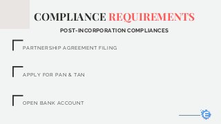 PARTNERSHIP AGREEMENT FILING
APPLY FOR PAN & TAN
OPEN BANK ACCOUNT
COMPLIANCE REQUIREMENTS
POST-INCORPORATION COMPLIANCES
 