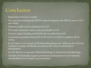 Registration Process is similar
 Tax rates and compliances( MAT in case of company and AMT in case of LLP )
are similar
 Statutory Audit is not compulsory for LLP
 FDI under automatic route is not permissible in LLP.
 Venture capital funding and ESOPs also not allowed in LLP
 Conversion procedures from LLP to Pvt Ltd Co is still in its infancy. Yet to
evolve.
 In LLP there is no concept of dividend distribution tax. Whereas, for a Private
Limited Company, dividends are taxed at 16% when it is declared to
shareholders
 In LLP, there is no concept of Board Meetings or Annual General Meetings.
 Transfer of Ownership requires permission of all partners in LLP whereas
shareholders do not require any permission
 