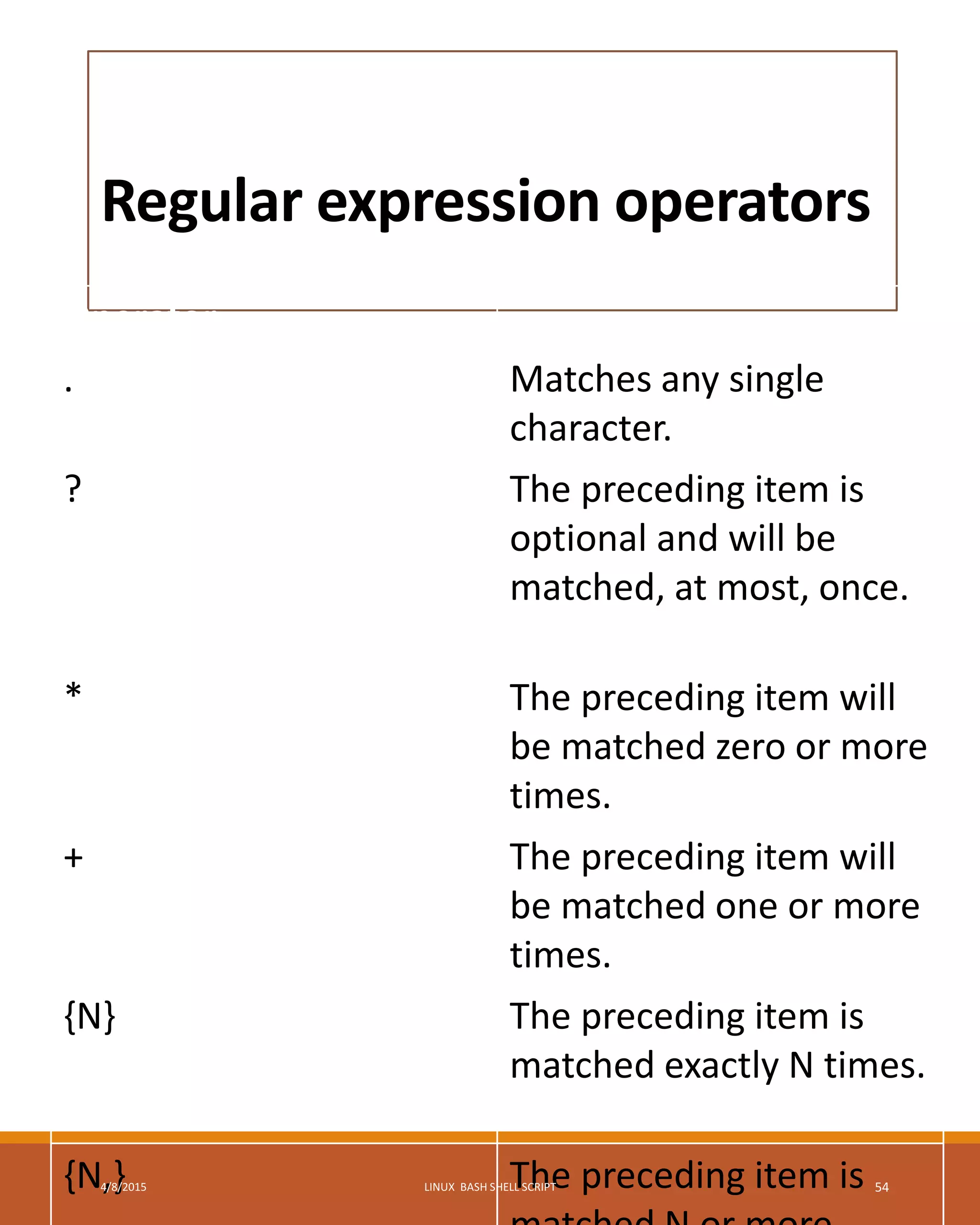 Regular expression operators
Operator
. Matches any single
character.
? The preceding item is
optional and will be
matched, at most, once.
* The preceding item will
be matched zero or more
times.
+ The preceding item will
be matched one or more
times.
{N} The preceding item is
matched exactly N times.
{N,} The preceding item is4/8/2015 LINUX BASH SHELL SCRIPT 54
 