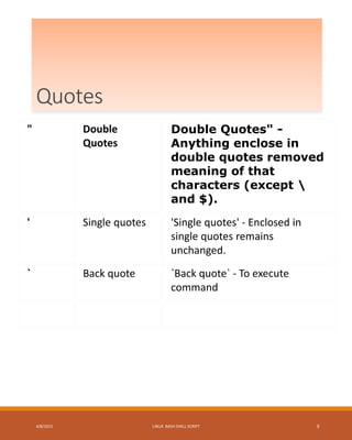 Quotes
" Double
Quotes
Double Quotes" -
Anything enclose in
double quotes removed
meaning of that
characters (except 
and $).
' Single quotes 'Single quotes' - Enclosed in
single quotes remains
unchanged.
` Back quote `Back quote` - To execute
command
4/8/2015 LINUX BASH SHELL SCRIPT 9
 