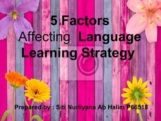 5 Factors
 Affecting Language
 Learning Strategy


Prepared by : Siti Nurliyana Ab Halim P66518
 