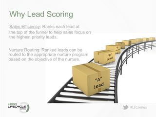 #LLCseries	
  
Why Lead Scoring
Sales Efficiency: Ranks each lead at
the top of the funnel to help sales focus on
the highest priority leads.
Nurture Routing: Ranked leads can be
routed to the appropriate nurture program
based on the objective of the nurture.
 