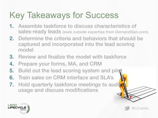 #LLCseries	
  
Key Takeaways for Success
1.  Assemble taskforce to discuss characteristics of
sales-ready leads (seek outside expertise from DemandGen.com)!
2.  Determine the criteria and behaviors that should be
captured and incorporated into the lead scoring
model!
3.  Review and ﬁnalize the model with taskforce!
4.  Prepare your forms, MA, and CRM!
5.  Build out the lead scoring system and pilot!
6.  Train sales on CRM interface and SLA’s!
7.  Hold quarterly taskforce meetings to audit !
usage and discuss modiﬁcations!
 