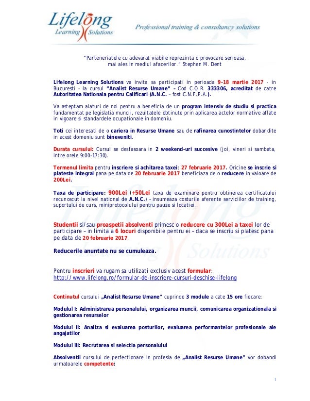 Curs Analist Resurse Umane Cod C O R 333306 Acreditat Anc