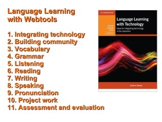 Language LearningLanguage Learning
with Webtoolswith Webtools
1. Integrating technology1. Integrating technology
2. Building community2. Building community
3. Vocabulary3. Vocabulary
4. Grammar4. Grammar
5. Listening5. Listening
6. Reading6. Reading
7. Writing7. Writing
8. Speaking8. Speaking
9. Pronunciation9. Pronunciation
10. Project work10. Project work
11. Assessment and evaluation11. Assessment and evaluation
 