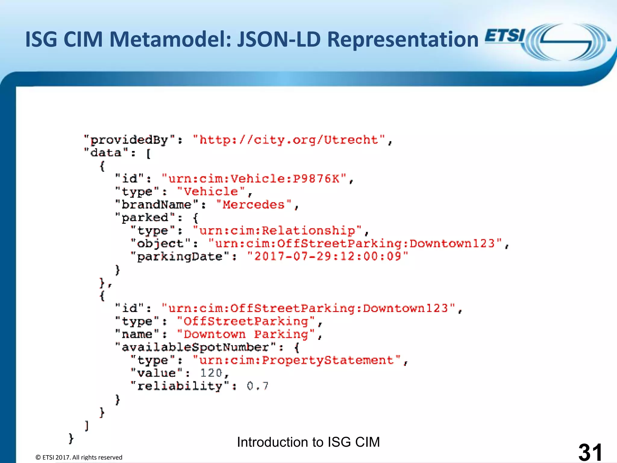Introduction to ISG CIM
ISG CIM Metamodel: JSON-LD Representation
© ETSI 2017. All rights reserved 31
 