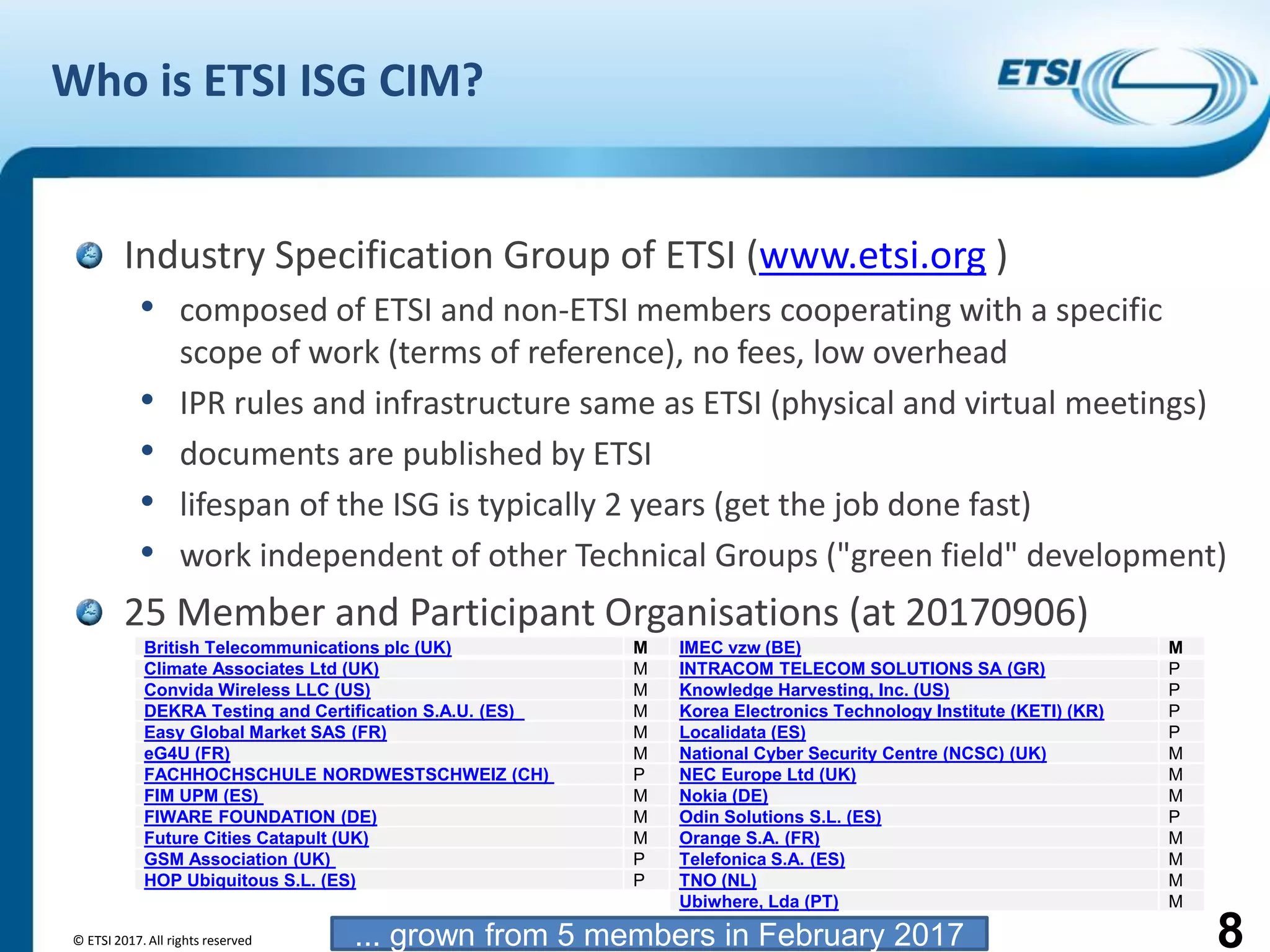 Introduction to ISG CIM
Who is ETSI ISG CIM?
Industry Specification Group of ETSI (www.etsi.org )
• composed of ETSI and non-ETSI members cooperating with a specific
scope of work (terms of reference), no fees, low overhead
• IPR rules and infrastructure same as ETSI (physical and virtual meetings)
• documents are published by ETSI
• lifespan of the ISG is typically 2 years (get the job done fast)
• work independent of other Technical Groups ("green field" development)
25 Member and Participant Organisations (at 20170906)
© ETSI 2017. All rights reserved 8
British Telecommunications plc (UK) M
Climate Associates Ltd (UK) M
Convida Wireless LLC (US) M
DEKRA Testing and Certification S.A.U. (ES) M
Easy Global Market SAS (FR) M
eG4U (FR) M
FACHHOCHSCHULE NORDWESTSCHWEIZ (CH) P
FIM UPM (ES) M
FIWARE FOUNDATION (DE) M
Future Cities Catapult (UK) M
GSM Association (UK) P
HOP Ubiquitous S.L. (ES) P
IMEC vzw (BE) M
INTRACOM TELECOM SOLUTIONS SA (GR) P
Knowledge Harvesting, Inc. (US) P
Korea Electronics Technology Institute (KETI) (KR) P
Localidata (ES) P
National Cyber Security Centre (NCSC) (UK) M
NEC Europe Ltd (UK) M
Nokia (DE) M
Odin Solutions S.L. (ES) P
Orange S.A. (FR) M
Telefonica S.A. (ES) M
TNO (NL) M
Ubiwhere, Lda (PT) M
... grown from 5 members in February 2017
 