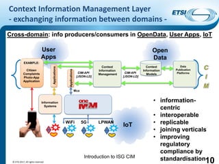 Introduction to ISG CIM
Context Information Management Layer
- exchanging information between domains -
10
Open
Data
User
Apps
IoT
Information
Systems
Context
Information
Management
Data
Publication
PlatformsCIM-API
[JSON-LD]
Context
Information
Models
Mca
Applications
EXAMPLE:
Citizen
Complaints
Photo-App
Application
Applications
CIM-API
[JSON-LD]
WiFi 5G LPWAN
© ETSI 2017. All rights reserved
• information-
centric
• interoperable
• replicable
• joining verticals
• improving
regulatory
compliance by
standardisation
Cross-domain: info producers/consumers in OpenData, User Apps, IoT
 