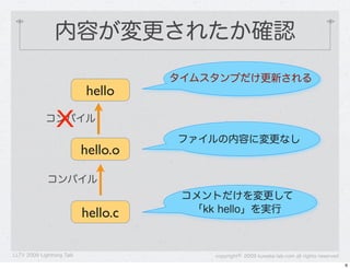 内容が変更されたか確認
                                     タイムスタンプだけ更新される
                           hello

                 X
             コンパイル

                                     ファイルの内容に変更なし
                           hello.o
             コンパイル
                                      コメントだけを変更して
                           hello.c     「kk hello」を実行



LLTV 2009 Lightning Talk                  copyright&copy; 2009 kuwata-lab.com all rights reserved
                                                                                               6
 