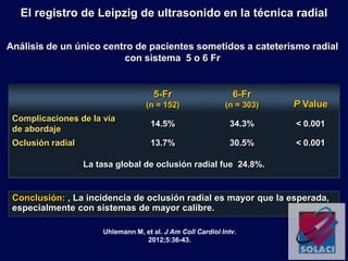 El registro de Leipzig de ultrasonido en la técnica radial
Conclusión: , La incidencia de oclusión radial es mayor que la esperada,
especialmente con sistemas de mayor calibre.
Análisis de un único centro de pacientes sometidos a cateterismo radial
con sistema 5 o 6 Fr
Uhlemann M, et al. J Am Coll Cardiol Intv.
2012;5:36-43.
5-Fr
(n = 152)
6-Fr
(n = 303) P Value
Complicaciones de la vía
de abordaje
14.5% 34.3% < 0.001
Oclusión radial 13.7% 30.5% < 0.001
La tasa global de oclusión radial fue 24.8%.
 