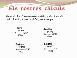 Els nostres càlculsVam calcular d’una manera reduïda, la distància de cada planeta respecte al Sol, per exemple:Terra     17·150X=-------=0’57     4500Júpiter      17·778X=--------=2’94      4500 Neptú     17·4500X=---------=17       4500Saturn     17·1430  X=---------=5’40     4500 