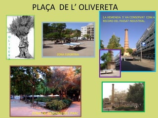 PLAÇA DE L’ OLIVERETA
                                  LA XEMENEIA S’ HA CONSERVAT COM A
                                  RECORD DEL PASSAT INDUSTRIAL.

L’

O
L
 I
V
E
R                ZONA ESPORTIVA
A




     ZONA DE DESCANS DEL PARC
 