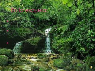    limpieza, pintura de las paredes, reparación de
    ventanas y pupitres y todo lo que implique mantener
    la escuela en buen estado.
   Concientizar a los niños y jóvenes en cuanto al uso
    racional de los recursos: enseñarlos a aprovechar el
    papel, los lápices, las pinturas, materiales de
    desecho y otros.
   Involucrar a la comunidad educativa en las
    actividades ambientales promovidas en la escuela
    (mantenimiento de la escuela y áreas
    deportivas, recolección de papel y vidrio para
    procesos de reciclaje, organización de
    carteleras, paseos y sensibilización hacia la
    naturaleza).
 