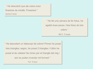 “ He descobrit que els colors eren 
finestres de miralls. Finestres! “ 
Quirze 5 anys 
“ He fet una càmara de fer fotos, he 
agafat dues peces i feia fotos de tots 
colors “ 
Nil C. 5 anys 
“ He descobert un telescopi de colors! Primer he posat 
tres triangles; segon, he posat 2 triangles i l’últim he 
posat el de voletes! Se miran per el triangle del mig i 
així es poden inventar mil formes! “ 
Yuri 5 anys 
 