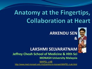 ARKENDU SEN
&
LAKSHMI SELVARATNAM
Jeffrey Cheah School of Medicine & Hlth Sci
MONASH University Malaysia
MAPEL LAB
http://www.med.monash.edu.my/jcsmhs-in-monash/MAPEL-Lab.html
 