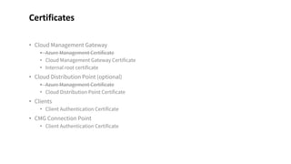 • Cloud Management Gateway
• Azure Management Certificate
• Cloud Management Gateway Certificate
• Internal root certificate
• Cloud Distribution Point (optional)
• Azure Management Certificate
• Cloud Distribution Point Certificate
• Clients
• Client Authentication Certificate
• CMG Connection Point
• Client Authentication Certificate
Certificates
 