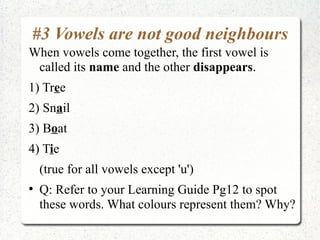 #3 Vowels are not good neighbours
When vowels come together, the first vowel is
 called its name and the other disappears.
1) Tree
2) Snail
3) Boat
4) Tie
    (true for all vowels except 'u')
●
    Q: Refer to your Learning Guide Pg12 to spot
    these words. What colours represent them? Why?
 