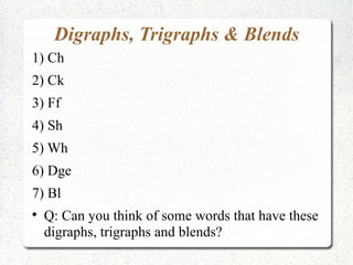 Digraphs, Trigraphs & Blends
1) Ch
2) Ck
3) Ff
4) Sh
5) Wh
6) Dge
7) Bl

    Q: Can you think of some words that have these
    digraphs, trigraphs and blends?
 
