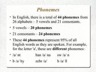 Phonemes

    In English, there is a total of 44 phonemes from
    26 alphabets – 5 vowels and 21 consonants.

    5 vowels – 20 phonemes

    21 consonants – 24 phonemes

    These 44 phonemes represent 95% of all
    English words as they are spoken. For example,
    for the letter 'a', these are different phonemes:

    /a/ nt         ban /a/ na    sw /a/ n

    b /a/ by       zebr /a/      b /a/ ll
 