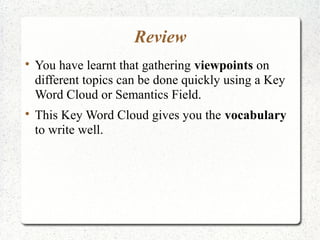 Review




You have learnt that gathering viewpoints on
different topics can be done quickly using a Key
Word Cloud or Semantics Field.
This Key Word Cloud gives you the vocabulary
to write well.

 