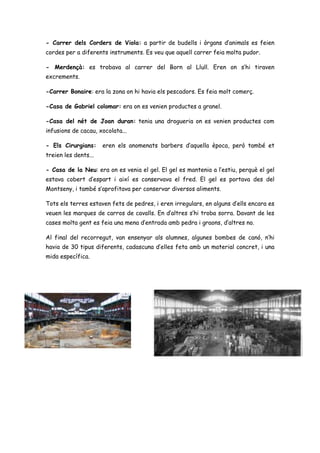 - Carrer dels Corders de Viola: a partir de budells i òrgans d’animals es feien
cordes per a diferents instruments. Es veu que aquell carrer feia molta pudor.
- Merdençà: es trobava al carrer del Born al Llull. Eren on s’hi tiraven
excrements.
-Carrer Bonaire: era la zona on hi havia els pescadors. Es feia molt comerç.
-Casa de Gabriel colomar: era on es venien productes a granel.
-Casa del nét de Joan duran: tenia una drogueria on es venien productes com
infusions de cacau, xocolata...
- Els Cirurgians: eren els anomenats barbers d’aquella època, però també et
treien les dents...
- Casa de la Neu: era on es venia el gel. El gel es mantenia a l’estiu, perquè el gel
estava cobert d’espart i així es conservava el fred. El gel es portava des del
Montseny, i també s’aprofitava per conservar diversos aliments.
Tots els terres estaven fets de pedres, i eren irregulars, en alguns d’ells encara es
veuen les marques de carros de cavalls. En d’altres s’hi troba sorra. Davant de les
cases molta gent es feia una mena d’entrada amb pedra i graons, d’altres no.
Al final del recorregut, van ensenyar als alumnes, algunes bombes de canó, n’hi
havia de 30 tipus diferents, cadascuna d’elles feta amb un material concret, i una
mida específica.
 