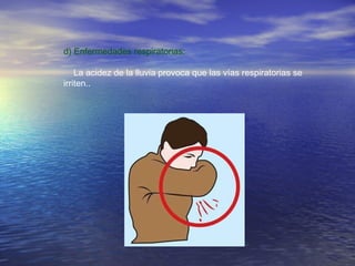 d) Enfermedades respiratorias:
La acidez de la lluvia provoca que las vías respiratorias se
irriten..

 