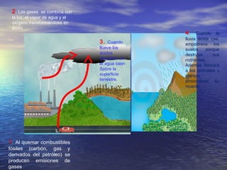 2 . Los gases

se combina con
la luz, el vapor de agua y el
oxígeno transformándose en
ácido.

4.
3.

Cuando
llueve los
ácidos
disueltos en
el agua caen
Sobre la
superficie
terrestre.

1 . Al quemar combustibles

fósiles (carbón, gas y
derivados del petróleo) se
producen emisiones de
gases

Cuando la
lluvia ácida cae,
empobrece los
suelos
porque
destruye
sus
nutrientes,
Además intoxica
a los animales y
plantas
provocando su
muerte.

 