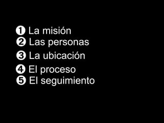 ➊  La misión ➋ Las personas  ➌  La ubicación ➍  El proceso  ➎ El seguimiento 