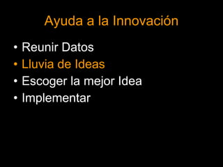 Ayuda a la Innovación Reunir Datos Lluvia de Ideas Escoger la mejor Idea Implementar 