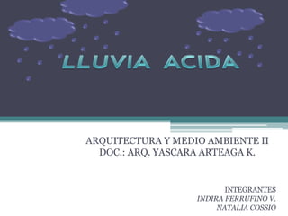ARQUITECTURA Y MEDIO AMBIENTE II
DOC.: ARQ. YASCARA ARTEAGA K.
INTEGRANTES
INDIRA FERRUFINO V.
NATALIA COSSIO
 