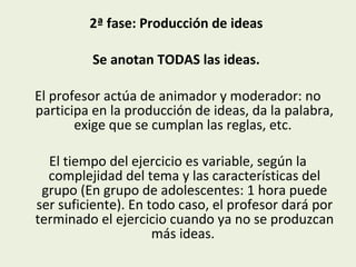 2ª fase: Producción de ideas
Se anotan TODAS las ideas.
El profesor actúa de animador y moderador: no
participa en la producción de ideas, da la palabra,
exige que se cumplan las reglas, etc.
El tiempo del ejercicio es variable, según la
complejidad del tema y las características del
grupo (En grupo de adolescentes: 1 hora puede
ser suficiente). En todo caso, el profesor dará por
terminado el ejercicio cuando ya no se produzcan
más ideas.

 