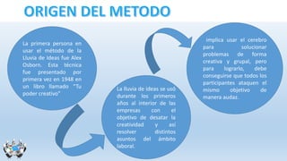 La lluvia de ideas se usó
durante los primeros
años al interior de las
empresas con el
objetivo de desatar la
creatividad y así
resolver distintos
asuntos del ámbito
laboral.
La primera persona en
usar el método de la
Lluvia de Ideas fue Alex
Osborn. Esta técnica
fue presentado por
primera vez en 1948 en
un libro llamado “Tu
poder creativo”
implica usar el cerebro
para solucionar
problemas de forma
creativa y grupal, pero
para lograrlo, debe
conseguirse que todos los
participantes ataquen el
mismo objetivo de
manera audaz.
 