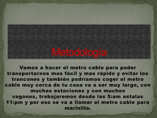 Vamos a hacer el metro cable para poder
 transportarnos mas fácil y mas rápido y evitar los
   trancones y también podríamos coger el metro
cable muy cerca de tu casa va a ser muy largo, con
         muchas estaciones y con muchos
   vagones, trabajaremos desde las 5:am astalas
11:pm y por eso se va a llamar el metro cable para
                     marinilla.
 