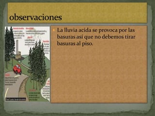 La lluvia acida se provoca por las basuras así que no debemos tirar basuras al piso.observaciones