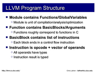 LLVM Program Structure Module contains Functions/GlobalVariables Module is unit of compilation/analysis/optimization Function contains BasicBlocks/Arguments Functions roughly correspond to functions in C BasicBlock contains list of instructions Each block ends in a control flow instruction Instruction is opcode + vector of operands All operands have types Instruction result is typed 