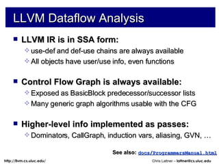 LLVM Dataflow Analysis LLVM IR is in SSA form: use-def and def-use chains are always available All objects have user/use info, even functions Control Flow Graph is always available: Exposed as BasicBlock predecessor/successor lists Many generic graph algorithms usable with the CFG Higher-level info implemented as passes: Dominators, CallGraph, induction vars, aliasing, GVN, … See also:   docs/ProgrammersManual.html 