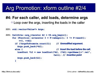 Arg Promotion: xform outline #2/4 #4: For each caller, add loads, determine args Loop over the args, inserting the loads in the caller 220:  std::vector<Value*> Args; 226:  CallSite::arg_iterator AI = CS.arg_begin(); for (Function::aiterator I = F->abegin(); I != F->aend(); ++I, ++AI) if (!ArgsToPromote.count(I))  //  Unmodified argument. Args.push_back(*AI); else {  //  Insert the load before the call. LoadInst *LI = new LoadInst(*AI, (*AI)->getName()+&quot;.val&quot;, Call); //  Insertion point Args.push_back(LI); } 