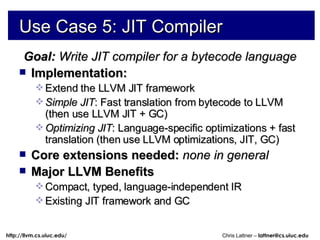 Use Case 5: JIT Compiler Goal:  Write JIT compiler for a bytecode language Implementation:  Extend the LLVM JIT framework Simple JIT : Fast translation from bytecode to LLVM (then use LLVM JIT + GC) Optimizing JIT : Language-specific optimizations + fast translation (then use LLVM optimizations, JIT, GC) Core extensions needed:  none in general Major LLVM Benefits Compact, typed, language-independent IR Existing JIT framework and GC 