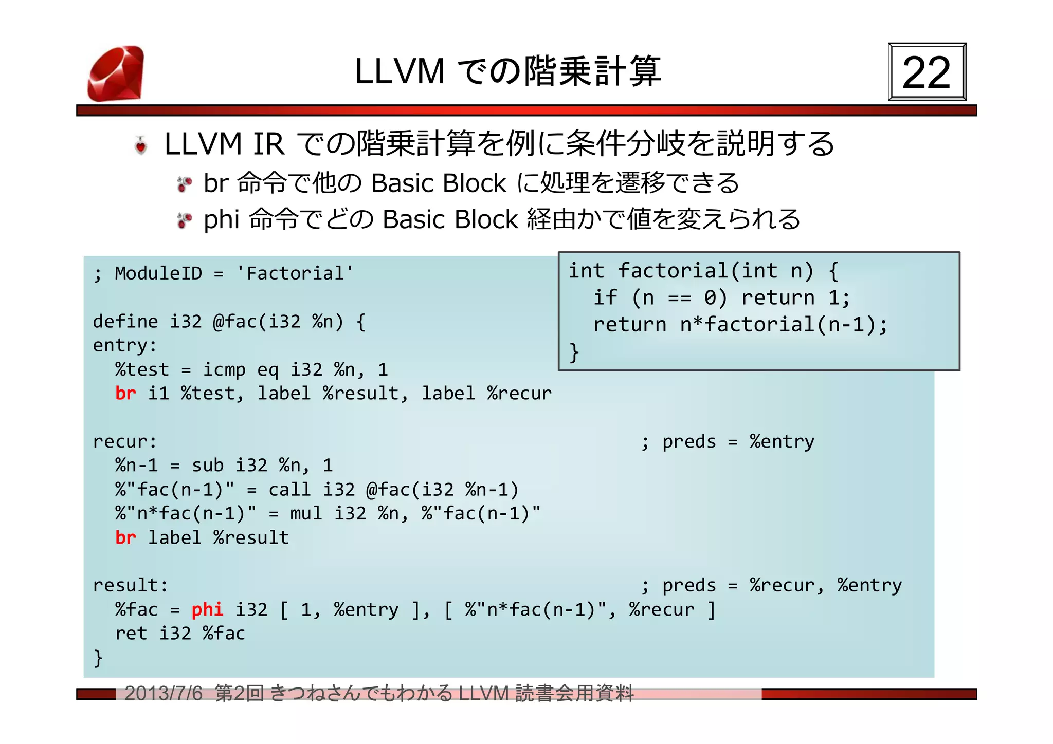 2013/7/6 第2回 きつねさんでもわかる LLVM 読書会用資料
LLVM での階乗計算
LLVM IR での階乗計算を例に条件分岐を説明する
br 命令で他の Basic Block に処理を遷移できる
phi 命令でどの Basic Block 経由かで値を変えられる
2222
; ModuleID = 'Factorial'
define i32 @fac(i32 %n) {
entry:
%test = icmp eq i32 %n, 1
br i1 %test, label %result, label %recur
recur: ; preds = %entry
%n-1 = sub i32 %n, 1
%"fac(n-1)" = call i32 @fac(i32 %n-1)
%"n*fac(n-1)" = mul i32 %n, %"fac(n-1)"
br label %result
result: ; preds = %recur, %entry
%fac = phi i32 [ 1, %entry ], [ %"n*fac(n-1)", %recur ]
ret i32 %fac
}
; ModuleID = 'Factorial'
define i32 @fac(i32 %n) {
entry:
%test = icmp eq i32 %n, 1
br i1 %test, label %result, label %recur
recur: ; preds = %entry
%n-1 = sub i32 %n, 1
%"fac(n-1)" = call i32 @fac(i32 %n-1)
%"n*fac(n-1)" = mul i32 %n, %"fac(n-1)"
br label %result
result: ; preds = %recur, %entry
%fac = phi i32 [ 1, %entry ], [ %"n*fac(n-1)", %recur ]
ret i32 %fac
}
int factorial(int n) {
if (n == 0) return 1;
return n*factorial(n-1);
}
int factorial(int n) {
if (n == 0) return 1;
return n*factorial(n-1);
}
 