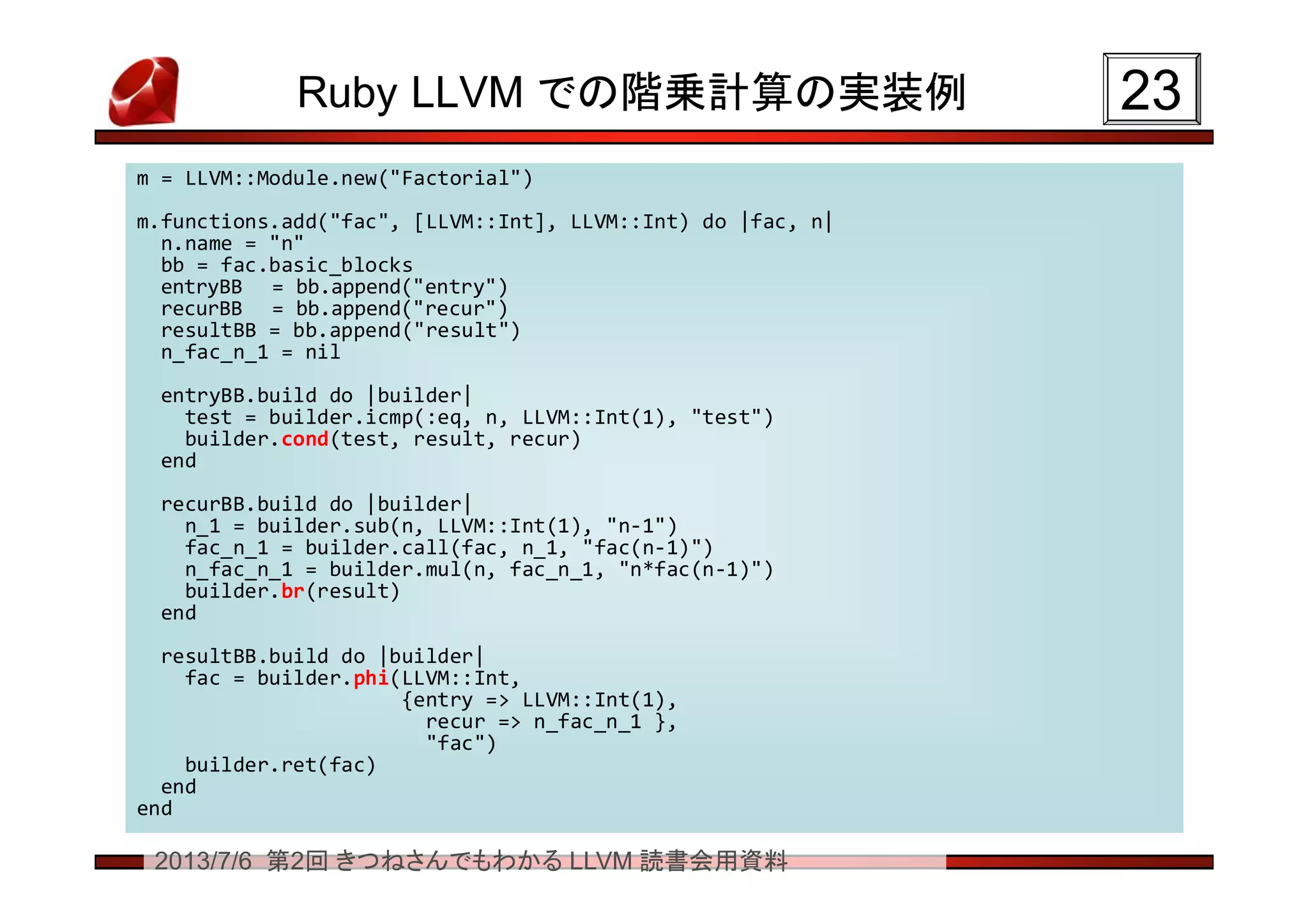 2013/7/6 第2回 きつねさんでもわかる LLVM 読書会用資料
Ruby LLVM での階乗計算の実装例 2323
m = LLVM::Module.new("Factorial")
m.functions.add("fac", [LLVM::Int], LLVM::Int) do |fac, n|
n.name = "n"
bb = fac.basic_blocks
entryBB = bb.append("entry")
recurBB = bb.append("recur")
resultBB = bb.append("result")
n_fac_n_1 = nil
entryBB.build do |builder|
test = builder.icmp(:eq, n, LLVM::Int(1), "test")
builder.cond(test, result, recur)
end
recurBB.build do |builder|
n_1 = builder.sub(n, LLVM::Int(1), "n-1")
fac_n_1 = builder.call(fac, n_1, "fac(n-1)")
n_fac_n_1 = builder.mul(n, fac_n_1, "n*fac(n-1)")
builder.br(result)
end
resultBB.build do |builder|
fac = builder.phi(LLVM::Int,
{entry => LLVM::Int(1),
recur => n_fac_n_1 },
"fac")
builder.ret(fac)
end
end
m = LLVM::Module.new("Factorial")
m.functions.add("fac", [LLVM::Int], LLVM::Int) do |fac, n|
n.name = "n"
bb = fac.basic_blocks
entryBB = bb.append("entry")
recurBB = bb.append("recur")
resultBB = bb.append("result")
n_fac_n_1 = nil
entryBB.build do |builder|
test = builder.icmp(:eq, n, LLVM::Int(1), "test")
builder.cond(test, result, recur)
end
recurBB.build do |builder|
n_1 = builder.sub(n, LLVM::Int(1), "n-1")
fac_n_1 = builder.call(fac, n_1, "fac(n-1)")
n_fac_n_1 = builder.mul(n, fac_n_1, "n*fac(n-1)")
builder.br(result)
end
resultBB.build do |builder|
fac = builder.phi(LLVM::Int,
{entry => LLVM::Int(1),
recur => n_fac_n_1 },
"fac")
builder.ret(fac)
end
end
 