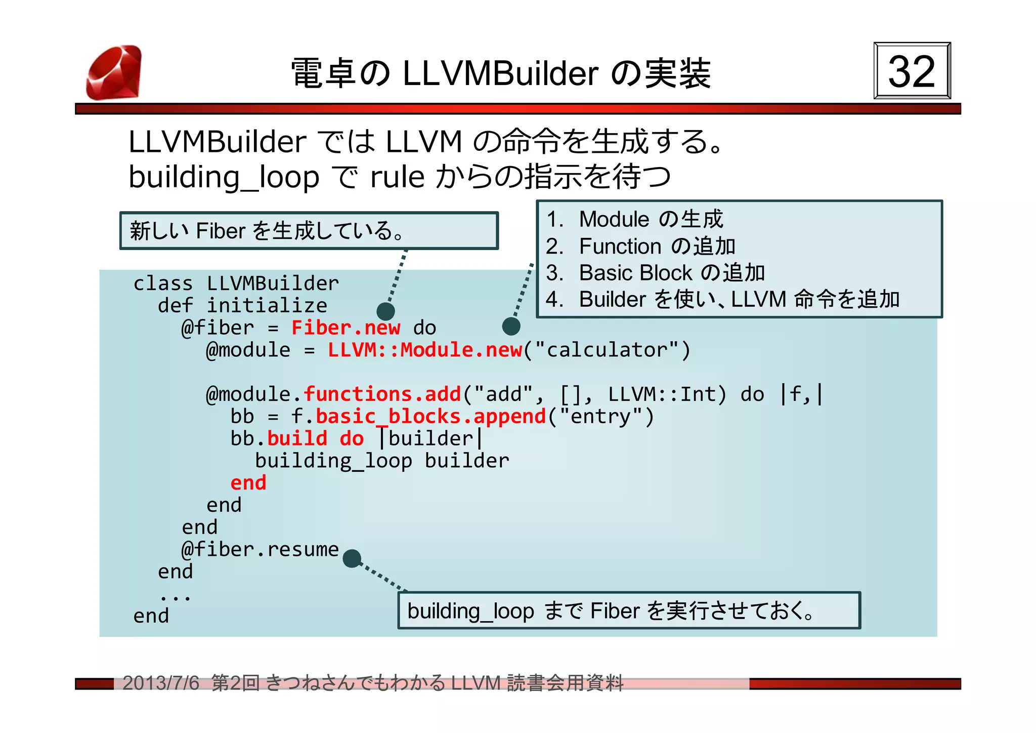 2013/7/6 第2回 きつねさんでもわかる LLVM 読書会用資料
電卓の LLVMBuilder の実装
LLVMBuilder では LLVM の命令を生成する。
building_loop で rule からの指示を待つ
3232
class LLVMBuilder
def initialize
@fiber = Fiber.new do
@module = LLVM::Module.new("calculator")
@module.functions.add("add", [], LLVM::Int) do |f,|
bb = f.basic_blocks.append("entry")
bb.build do |builder|
building_loop builder
end
end
end
@fiber.resume
end
...
end
class LLVMBuilder
def initialize
@fiber = Fiber.new do
@module = LLVM::Module.new("calculator")
@module.functions.add("add", [], LLVM::Int) do |f,|
bb = f.basic_blocks.append("entry")
bb.build do |builder|
building_loop builder
end
end
end
@fiber.resume
end
...
end
新しい Fiber を生成している。新しい Fiber を生成している。
1. Module の生成
2. Function の追加
3. Basic Block の追加
4. Builder を使い、LLVM 命令を追加
1. Module の生成
2. Function の追加
3. Basic Block の追加
4. Builder を使い、LLVM 命令を追加
building_loop まで Fiber を実行させておく。building_loop まで Fiber を実行させておく。
 