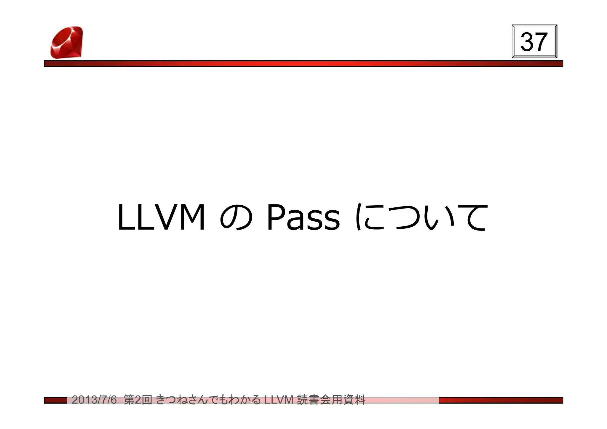 2013/7/6 第2回 きつねさんでもわかる LLVM 読書会用資料
LLVM の Pass について
3737
 