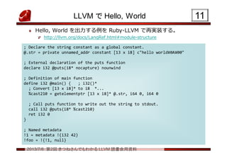 2013/7/6 第2回 きつねさんでもわかる LLVM 読書会用資料
LLVM で Hello, World
Hello, World を出力する例を Ruby-LLVM で再実装する。
http://llvm.org/docs/LangRef.html#module-structure
1111
; Declare the string constant as a global constant.
@.str = private unnamed_addr constant [13 x i8] c"hello world¥0A¥00"
; External declaration of the puts function
declare i32 @puts(i8* nocapture) nounwind
; Definition of main function
define i32 @main() { ; i32()*
; Convert [13 x i8]* to i8 *...
%cast210 = getelementptr [13 x i8]* @.str, i64 0, i64 0
; Call puts function to write out the string to stdout.
call i32 @puts(i8* %cast210)
ret i32 0
}
; Named metadata
!1 = metadata !{i32 42}
!foo = !{!1, null}
; Declare the string constant as a global constant.
@.str = private unnamed_addr constant [13 x i8] c"hello world¥0A¥00"
; External declaration of the puts function
declare i32 @puts(i8* nocapture) nounwind
; Definition of main function
define i32 @main() { ; i32()*
; Convert [13 x i8]* to i8 *...
%cast210 = getelementptr [13 x i8]* @.str, i64 0, i64 0
; Call puts function to write out the string to stdout.
call i32 @puts(i8* %cast210)
ret i32 0
}
; Named metadata
!1 = metadata !{i32 42}
!foo = !{!1, null}
 